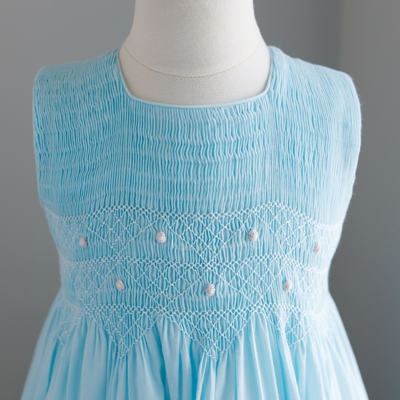 Strasburg Dress Smocked Sleeveless RARE Aqua Blue Pink Accents Spring Summer - Picture 4 of 7